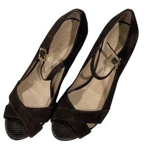 Franco Sarto Peep Toe Heels Valita Women 7M Shoes Dark Brown Suede Pump READ